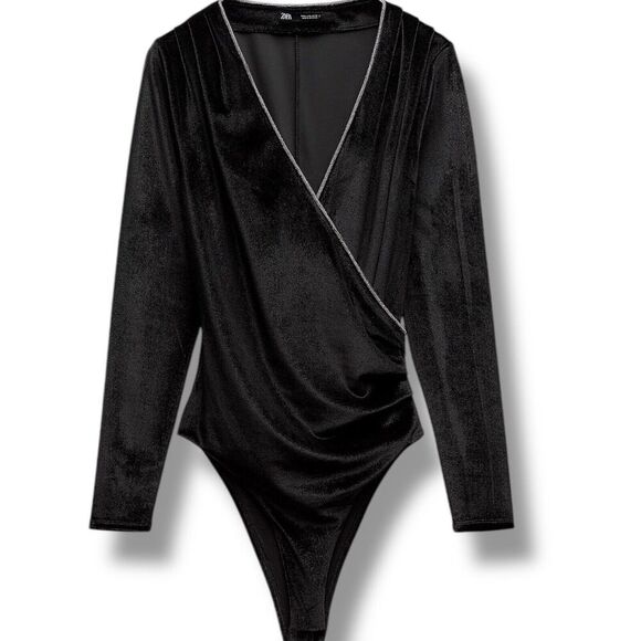 Zara Bodysuit M Black Velvet With Silver Sparkle Trim‎ Bloggers Fav Festive Days - Picture 1 of 13